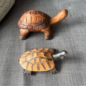 Artisan Turtle Sculpture - 2 wood handcrafted vintage decor turtles MCM